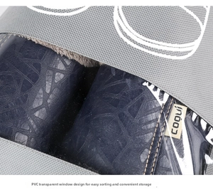 Detail view of non-woven storage bag featuring transparent PVC window and brand label