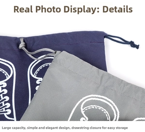 Detail of drawstring shoe storage bags with white sneaker prints and dual cords
