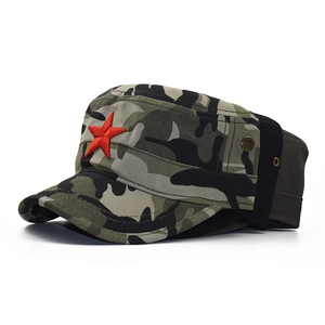 Classic camouflage flat top military cap with red star embroidery and side metal eyelets