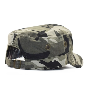 Detail of camouflage military cap with bronze metal buckle and side air vents