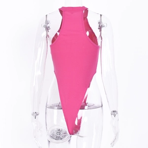 Close-up of rose red knitted sleeveless bodysuit showing ribbed texture and high-cut leg