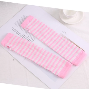 Detailed close-up of pink and white striped knit fingerless long gloves for cosplay