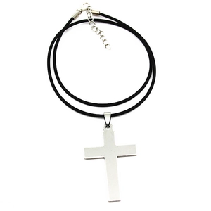 Silver stainless steel cross pendant with black cord chain on a white background