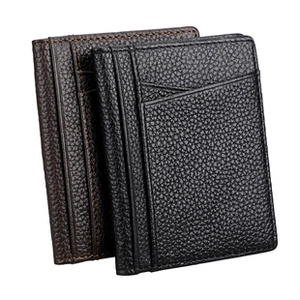 Close-up of black and dark brown genuine leather wallets with RFID blocking technology