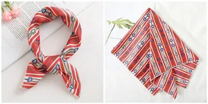 Detail of red and white striped square scarf with blue chain and stirrup patterns