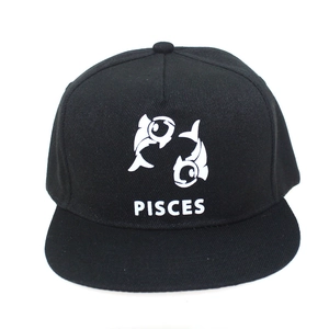 Detail of black hip-hop cap featuring white Pisces constellation text and graphic print