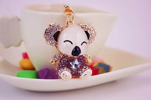 Detailed view of koala keychain with purple rhinestones and star-shaped crystal