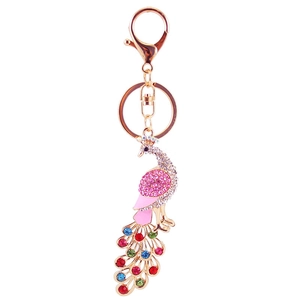 Colorful crystal peacock keychain with colorful rhinestones on a gold-plated swivel hook