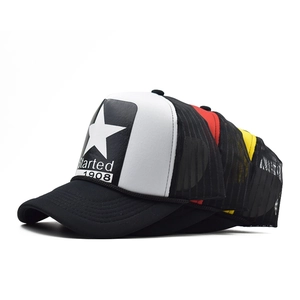Close-up of trucker hat with 1908 star print and breathable black mesh back panels