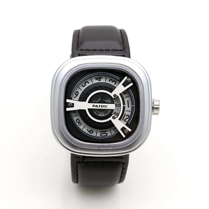Punk square dial quartz watch with silver case and dark brown leather strap for men