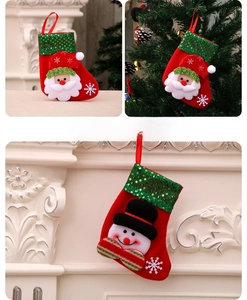 Three-panel view of sequined Santa and Snowman Christmas stockings hanging as holiday decor