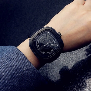 Punk style square dial watch with black leather strap for men, quartz movement fashion