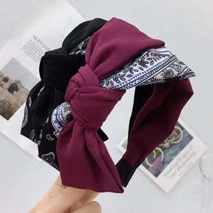 Vintage Wide Fabric Headband With Large Bow Paisley Pattern Twisted Color Block Hair Accessories For Women Girls