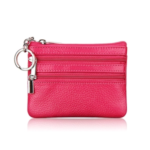 Cute genuine leather mini coin purse in rose red with three zippers and key ring