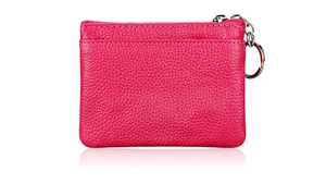 Detail of rose red genuine leather coin purse with litchi texture and metal keychain