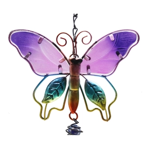 Detailed shot of purple and blue butterfly wind chime with metal spiral and blue bead
