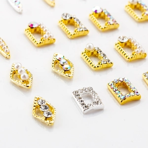 Japanese style alloy nail art charms with pearls and rhinestones in gold and silver
