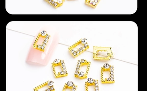 Macro view of gold rectangular alloy frames with inlaid rhinestones for nail art DIY
