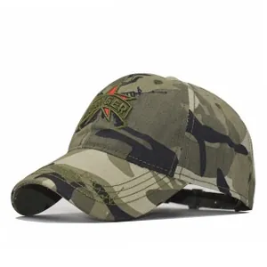 Detail of army camouflage baseball cap with Ranger star embroidery and cotton texture