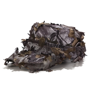 Detail of 3D leaf camouflage hunting hat with realistic forest foliage pattern
