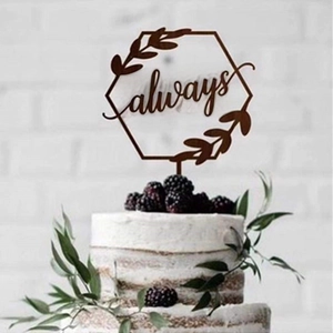 Rustic hexagonal wooden cake topper featuring always engraving and leaf patterns