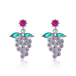 Sparkling purple grape stud earrings with colorful crystals and silver base for women