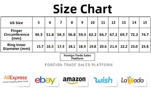 Detailed sizing chart for golden Freemasonry ring showing US sizes and inner diameters