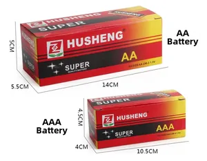 Detailed dimensions of AA and AAA 1.5V battery retail boxes in red and yellow