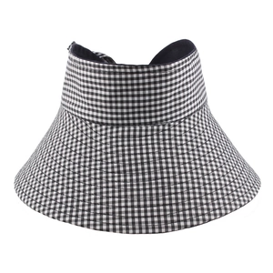 Women's wide brim visor hat with black and white gingham pattern for UV protection