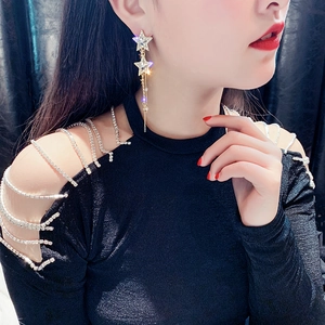 Elegant five-point star earrings with rhinestone paving and long metal tassels