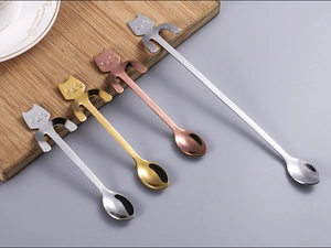 Detailed set of 304 stainless steel cat shaped coffee spoons in four metallic finishes