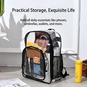 Large transparent PVC backpack with black trim and mesh side pockets for daily travel