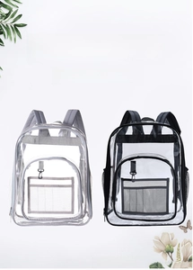 Detailed view of large transparent PVC backpack with front zipper pocket and mesh compartment