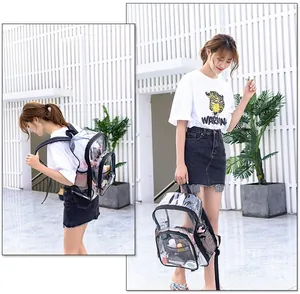 Detail view of transparent PVC backpack showing reinforced black edges and mesh pockets