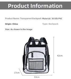 Detailed view of large transparent PVC backpack with black mesh pockets and size specs