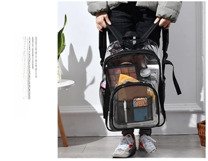 Detail view of transparent PVC backpack with waterproof material and large storage capacity
