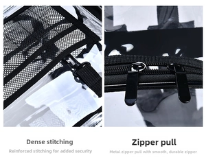 Detail of reinforced stitching on mesh pocket and smooth metal zipper on clear PVC bag