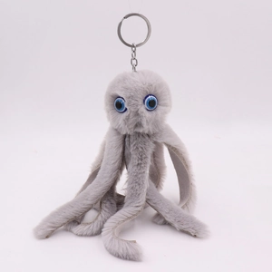 Cute grey plush octopus keychain with soft tentacles and large blue eyes on white background