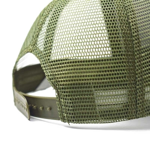 Dark green mesh trucker hat with breathable polyester fabric and adjustable strap back