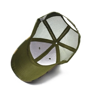 Top view of camouflage trucker hat with green mesh back and adjustable snapback closure