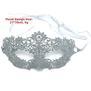 Silver lace phoenix mask with floral cutouts and white ribbon ties, size 21x10cm