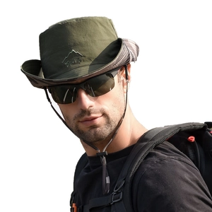 Army green men's outdoor sun hat with adjustable wind rope and embroidered sport logo