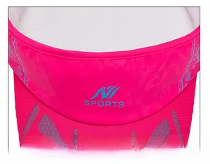 Detail of rose red sun visor featuring breathable mesh and blue sports logo embroidery