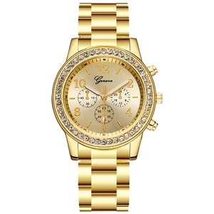 Fashion Women Quartz Watch Alloy Strap Rhinestone Bezel Decorative Three Dial Analog Wristwatch Elegant Luxury Style