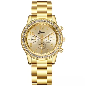 Detailed view of the gold Geneva watch featuring a diamond-studded bezel and triple sub-dials