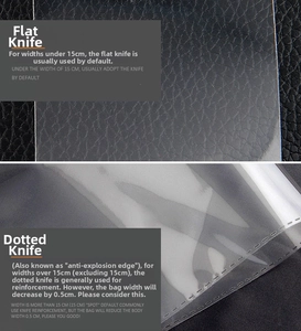 Detail comparing flat and patterned reinforced edges for clear plastic jewelry bags