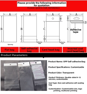 Detailed diagram of clear OPP self-adhesive jewelry bags with 4-12 wire thickness specs
