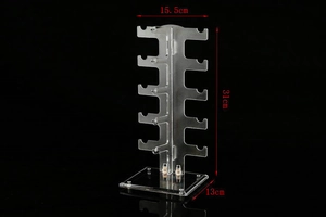 Five-tier clear acrylic sunglasses display stand with precise size dimensions shown
