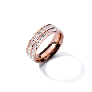 Detail of rose gold titanium ring with double rows of rectangular zircon stones