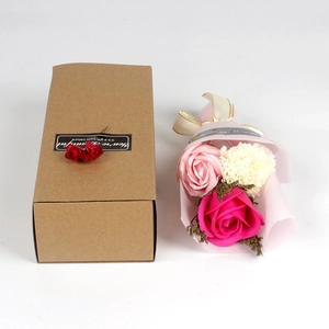 Detailed soap flower gift set with pink roses and carnations in a brown gift box